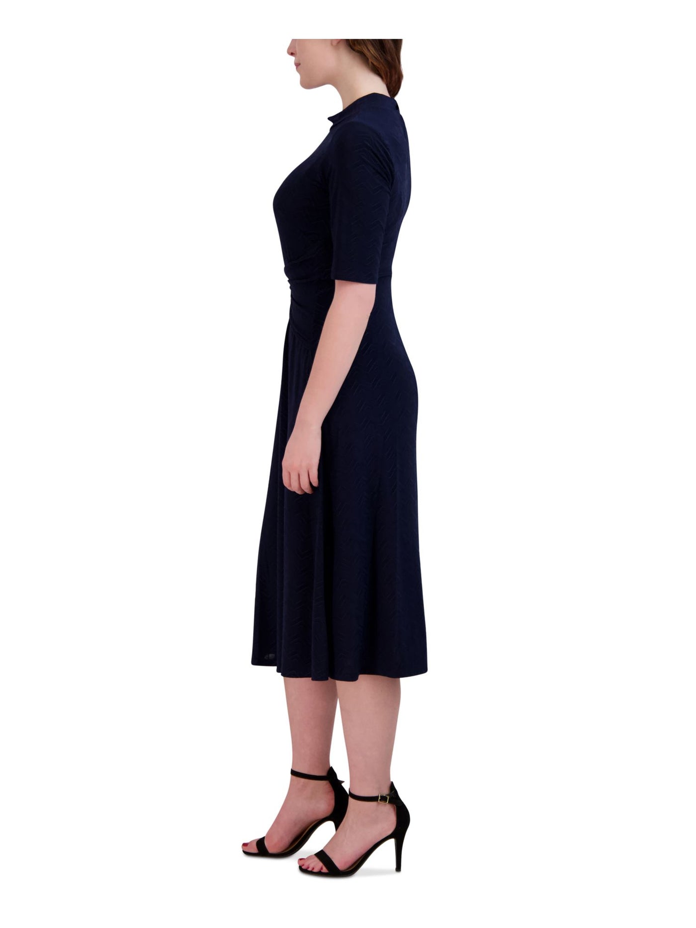 SIGNATURE BY ROBBIE BEE Womens Navy Textured Tie Front Keyhole Back Pullover Short Sleeve Mock Neck Midi Wear To Work Shift Dress Juniors XL