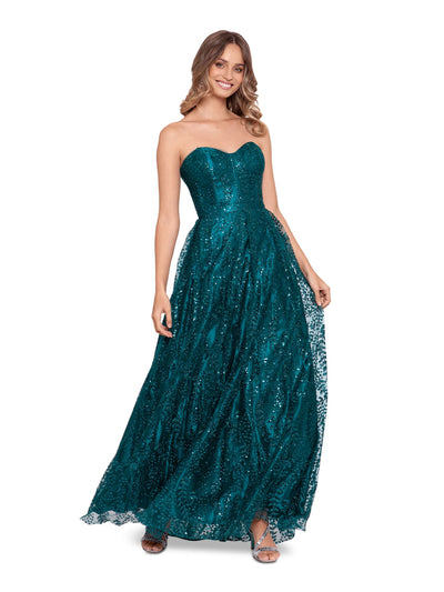 BLONDIE NITES Womens Green Zippered Pocketed Pleated Skirt Lined Sleeveless Sweetheart Neckline Full-Length Prom Gown Dress Juniors 0