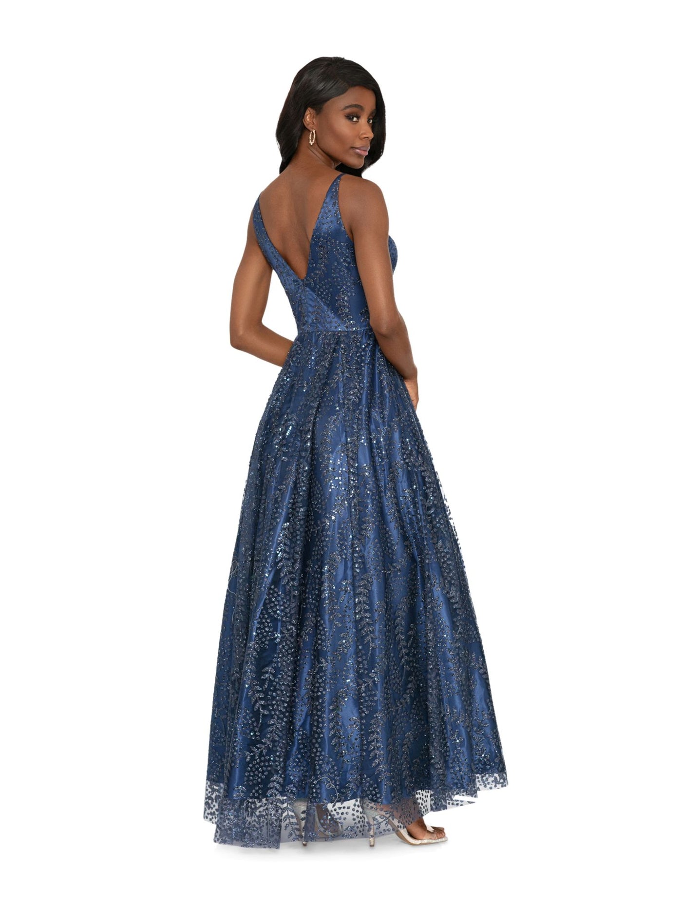 BLONDIE NITES Womens Blue Glitter Zippered Pleated Pocketed V-back Sleeveless V Neck Full-Length Formal Gown Dress Juniors 3