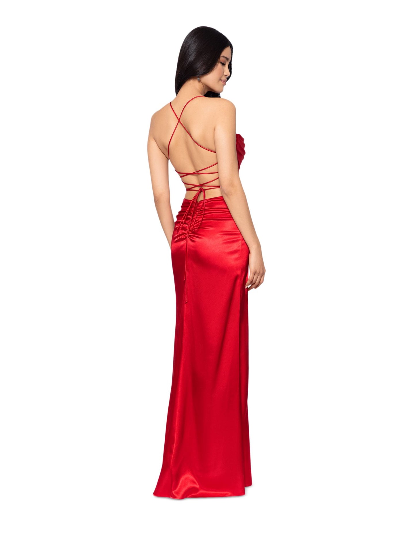 BLONDIE NITES Womens Red Zippered Slitted Draped Neck Lace-up Open Back Full-Length Formal Gown Dress Juniors 7