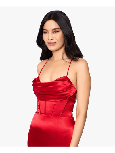 BLONDIE NITES Womens Red Zippered Slitted Draped Neck Lace-up Open Back Full-Length Formal Gown Dress Juniors 7