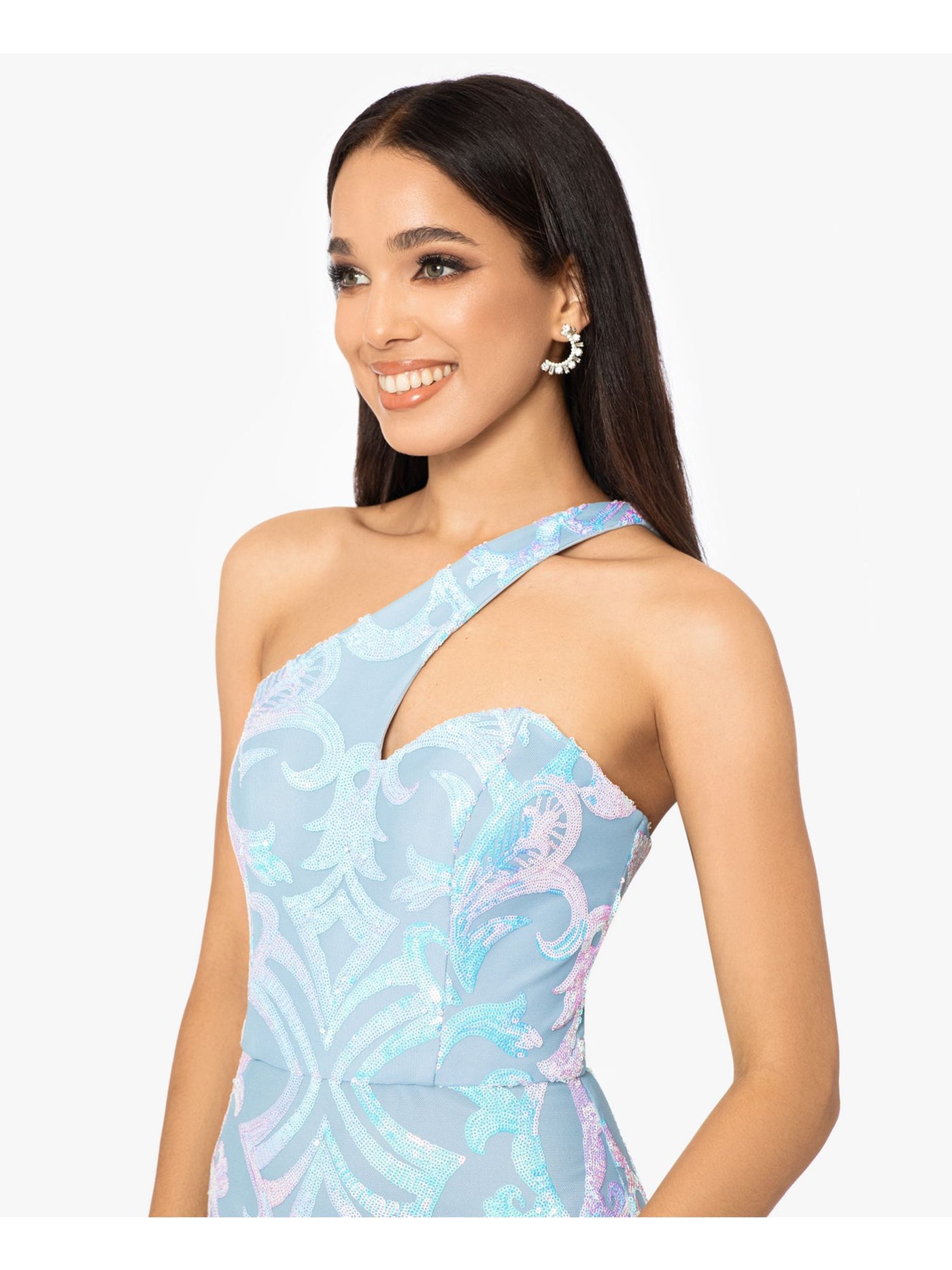 BLONDIE NITES Womens Light Blue Sequined Zippered Lined Sleeveless Asymmetrical Neckline Maxi Cocktail Gown Dress Juniors 1
