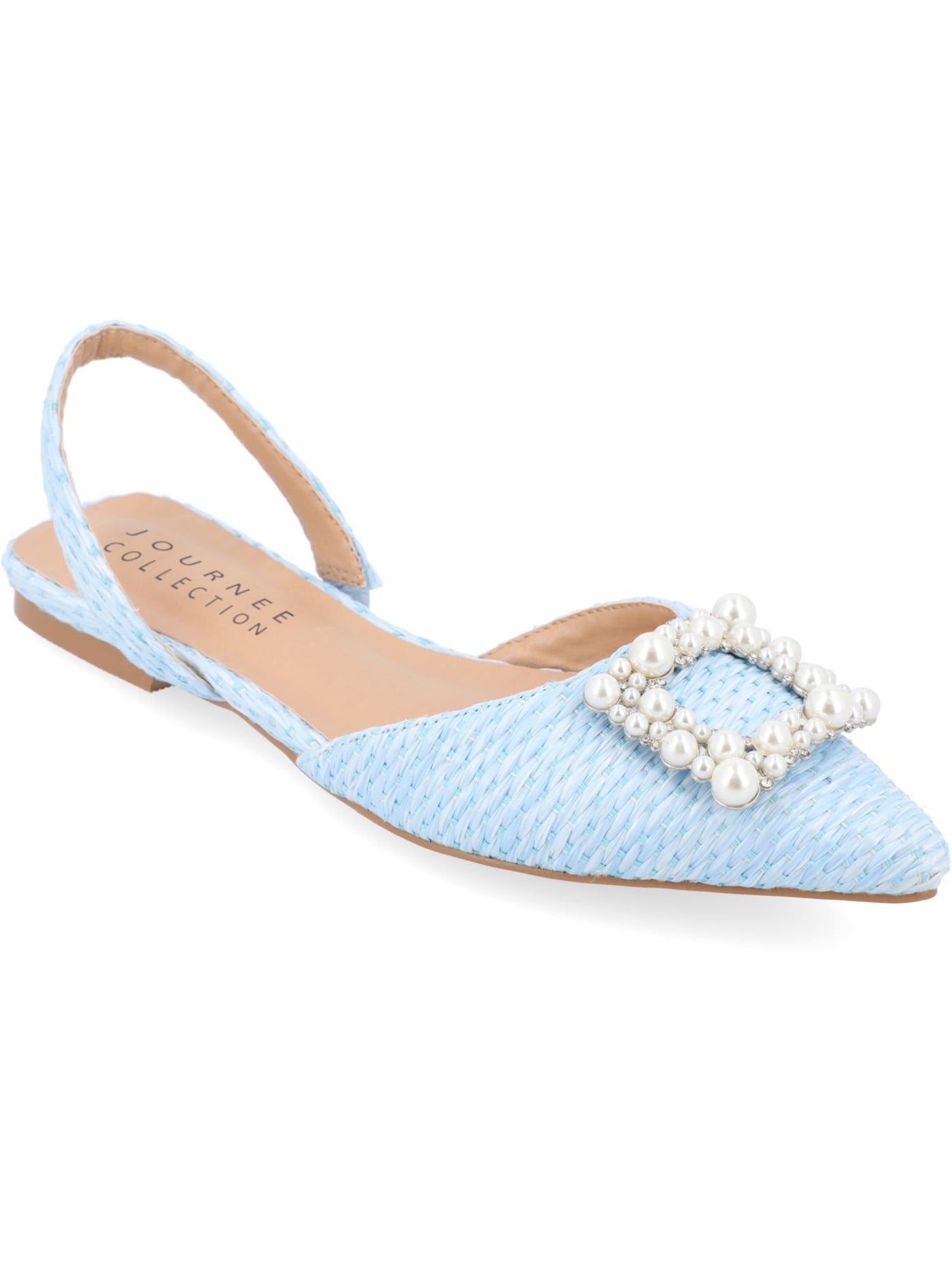 JOURNEE COLLECTION Womens Light Blue Raffia Goring Padded Embellished Buckle Accent Hannae Pointed Toe Slip On Slingback 7.5