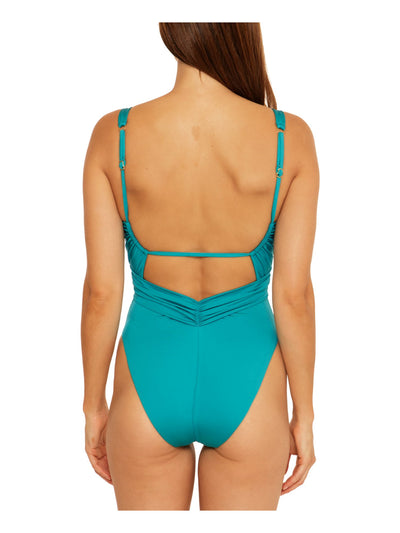 TRINA TURK Women's Teal Stretch Ruched Deep V Neck Monaco Cheeky One Peice 4