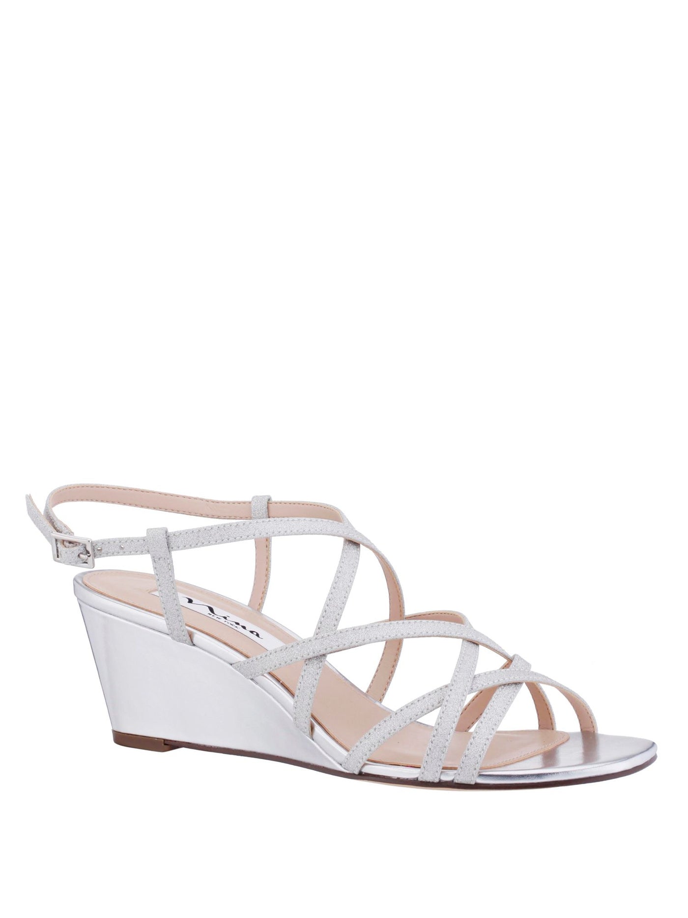 NINA Womens Silver Glitter Padded Metallic Strappy Asymmetrical New York Bibiana Open Toe Wedge Buckle Dress Slingback Sandal 5 M