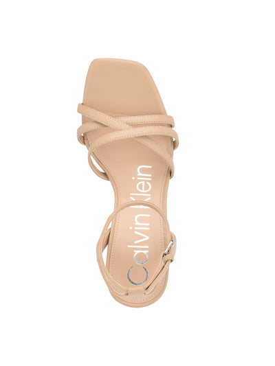 CALVIN KLEIN Womens Beige Padded Strappy Asymmetrical Qalat Square Toe Block Heel Buckle Dress Heeled Sandal 8.5 M