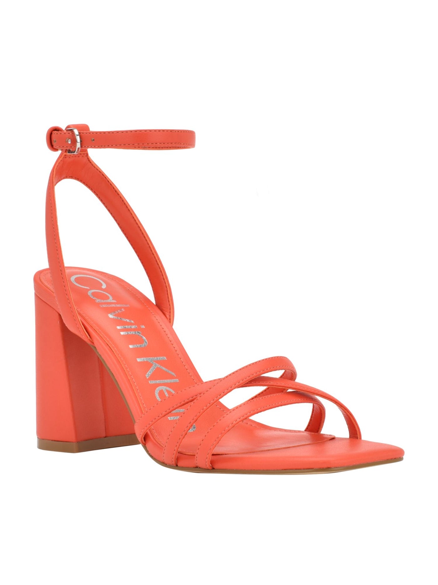 CALVIN KLEIN Womens Orange Ankle Strap Strappy Padded Qalat Square Toe Block Heel Buckle Heeled Sandal 8.5 M