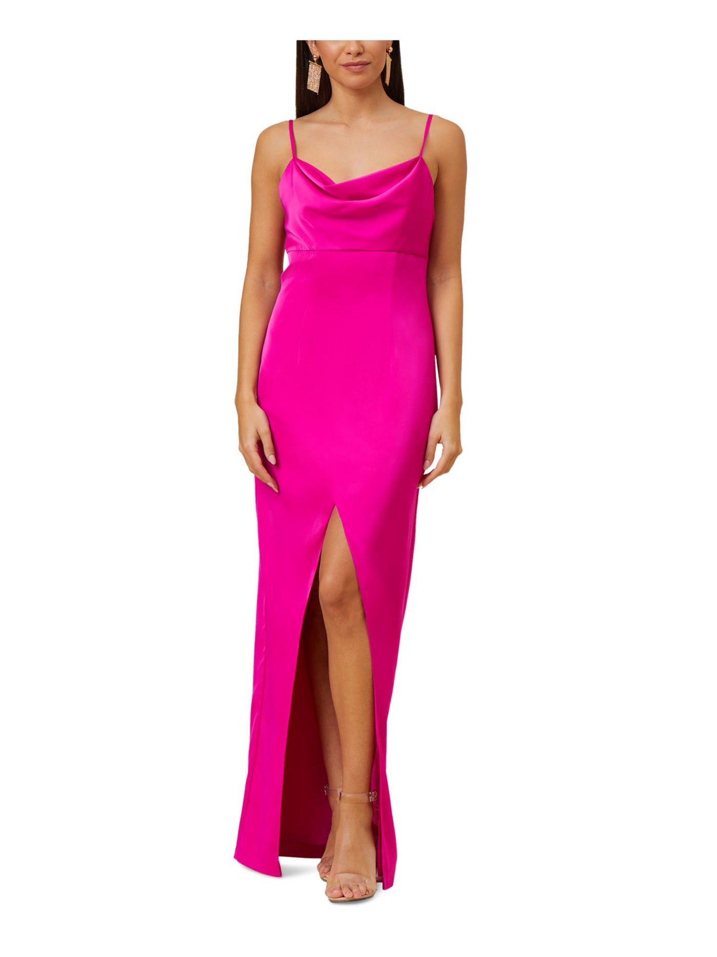 AIDAN AIDAN MATTOX Womens Pink Zippered Slitted Lined Spaghetti Strap Cowl Neck Full-Length Cocktail Gown Dress 10