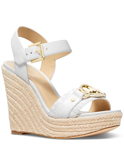 MICHAEL MICHAEL KORS Womens White Logo Embelished 1" Platform Padded Ankle Strap Rory Almond Toe Wedge Buckle Espadrille Shoes 10 M