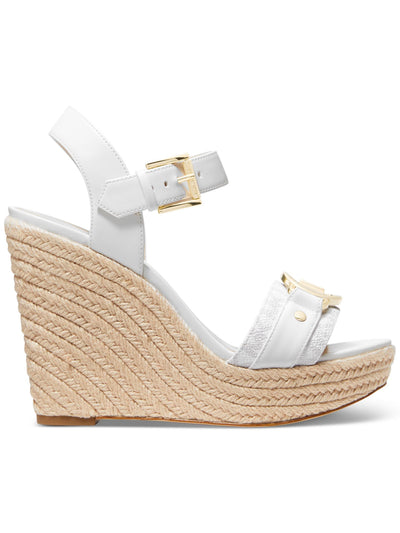 MICHAEL MICHAEL KORS Womens White Logo Embelished 1" Platform Padded Ankle Strap Rory Almond Toe Wedge Buckle Espadrille Shoes 10 M