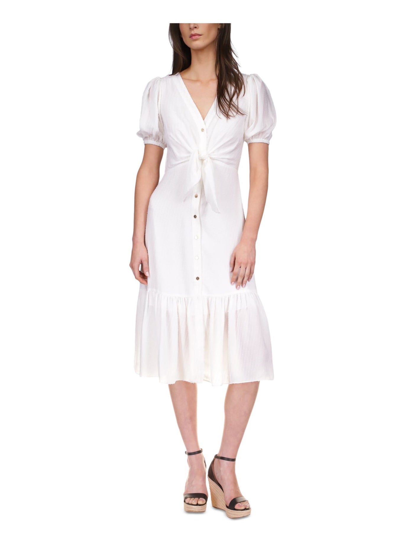 MICHAEL MICHAEL KORS Womens White Lined Gathered Button Up Tie Accent Ruffled Pouf Sleeve V Neck Below The Knee Fit + Flare Dress Petites P\M