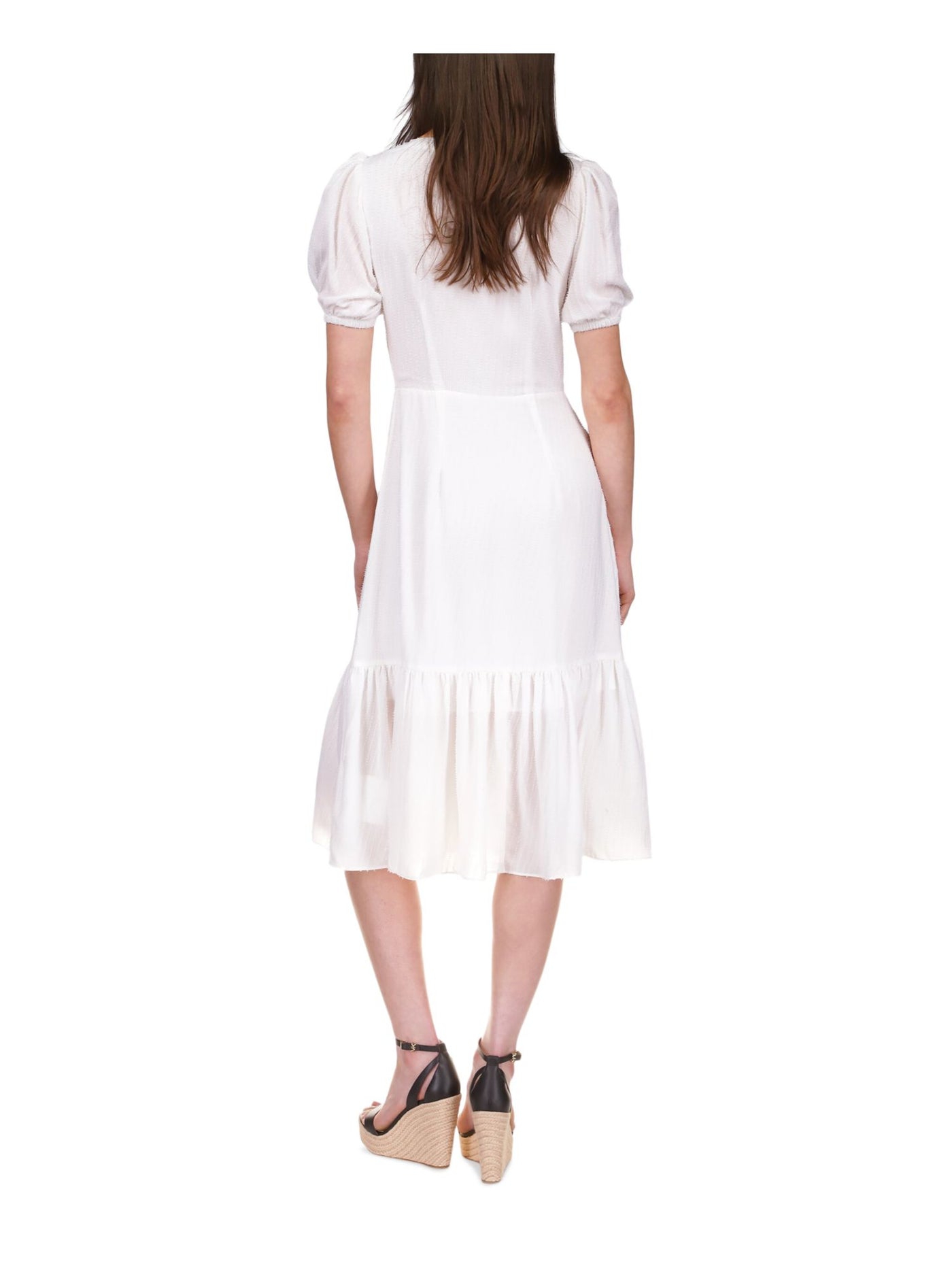 MICHAEL MICHAEL KORS Womens White Lined Gathered Button Up Tie Accent Ruffled Pouf Sleeve V Neck Below The Knee Fit + Flare Dress Petites P\M