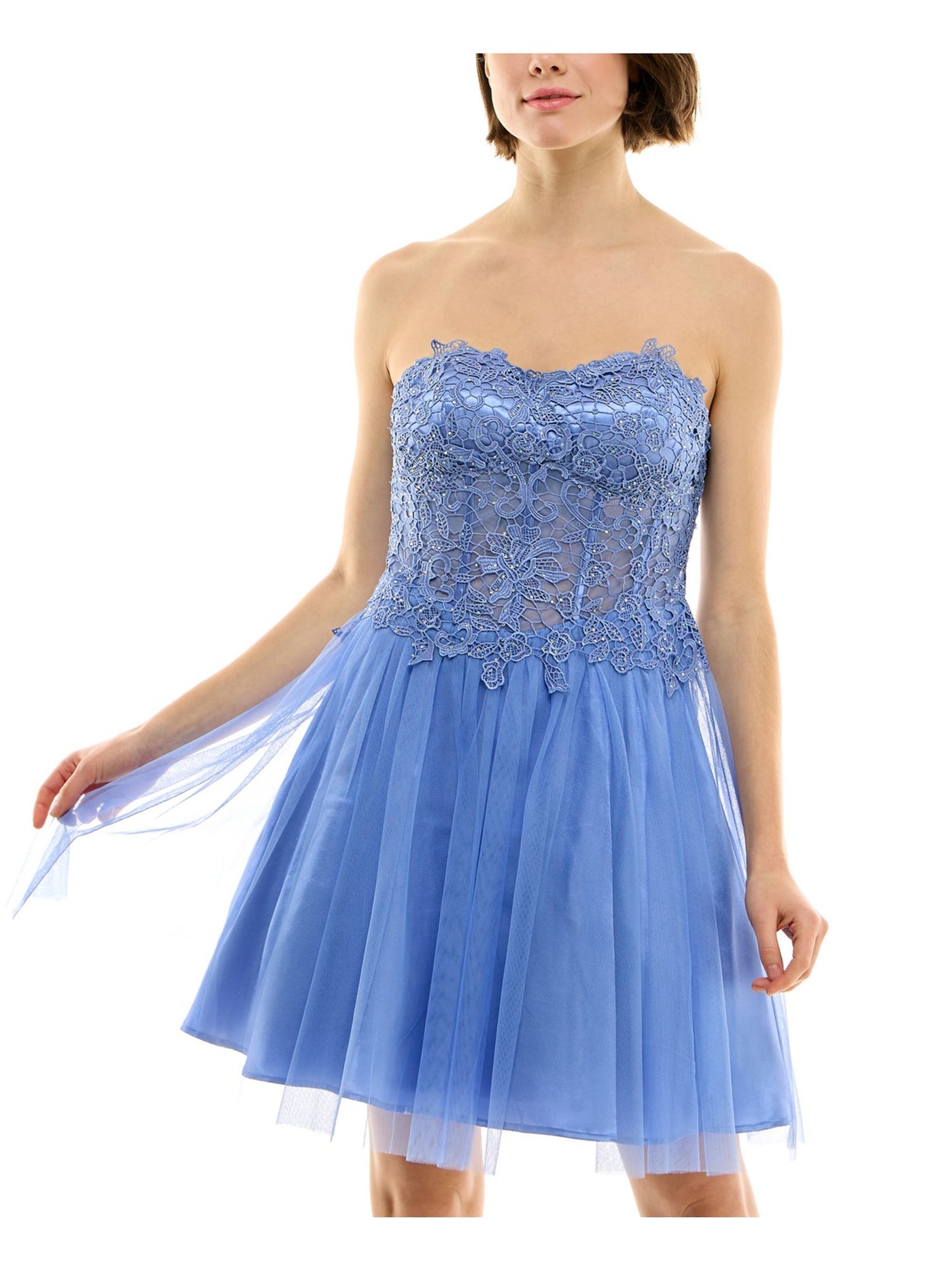 BCX DRESS Womens Blue Zippered Rhinestone Padded Boning Sheer Lined Floral Sleeveless Sweetheart Neckline Short Party Fit + Flare Dress Juniors 1