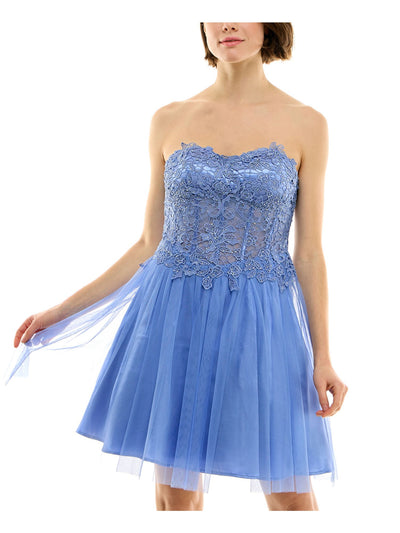 BCX DRESS Womens Blue Zippered Rhinestone Padded Boning Sheer Lined Floral Sleeveless Sweetheart Neckline Short Party Fit + Flare Dress Juniors 11