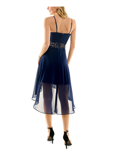 CITY STUDIO Womens Navy Zippered Asymmetric Hi-lo Hem Spaghetti Strap Sweetheart Neckline Midi Party Fit + Flare Dress Juniors 1