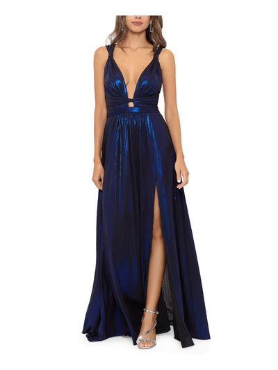 BETSY & ADAM Womens Blue Zippered Cage-like Cutout Thigh-high Slit Sleeveless V Neck Full-Length Evening Fit + Flare Dress 2