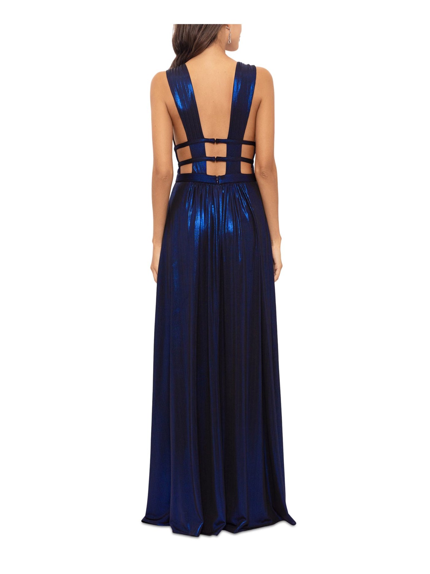 BETSY & ADAM Womens Blue Zippered Cage-like Cutout Thigh-high Slit Sleeveless V Neck Full-Length Evening Fit + Flare Dress 2