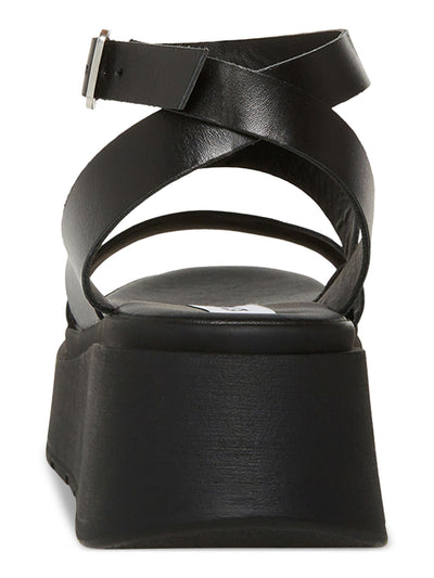 STEVE MADDEN Womens Black 1-1/2" Platform Ankle Strap Padded Tenysi Square Toe Wedge Buckle Leather Heeled Sandal 9