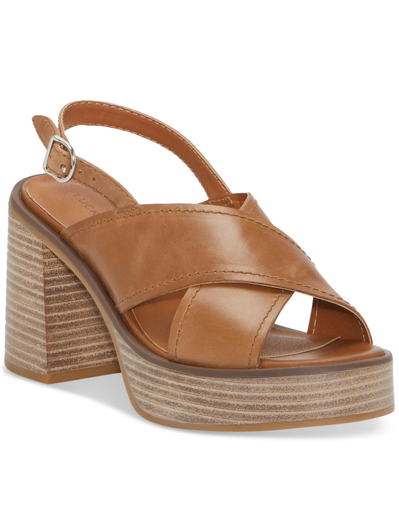 LUCKY BRAND Womens Brown 1" Platform Crisscross Straps Padded Delmie Round Toe Stacked Heel Buckle Leather Slingback Sandal 6.5 M