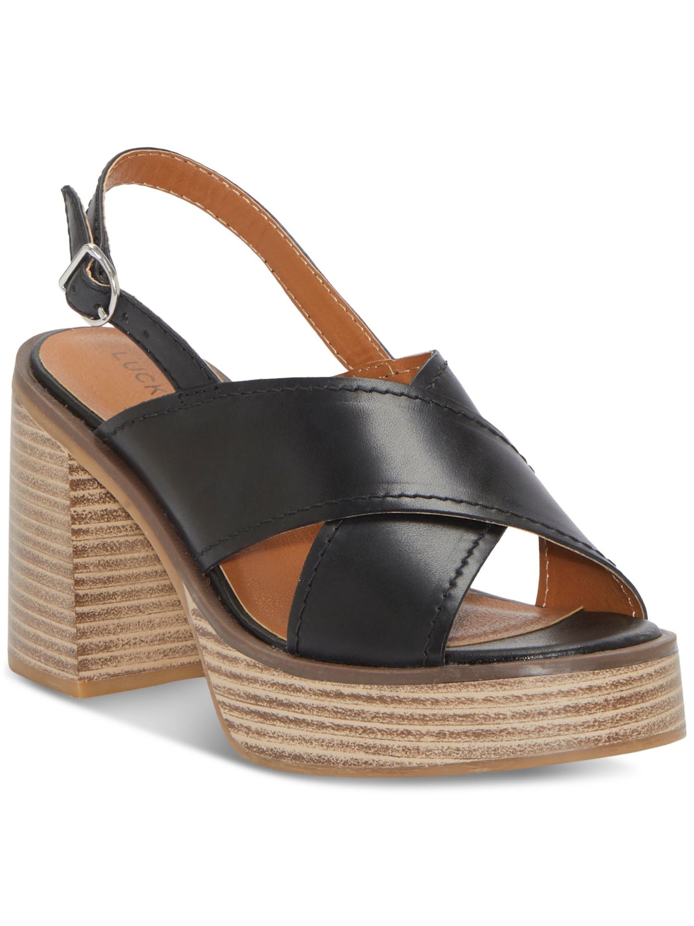 LUCKY BRAND Womens Black Padded Delmie Round Toe Stacked Heel Buckle Leather Slingback Sandal 8 M