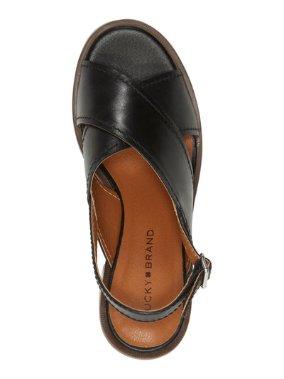 LUCKY BRAND Womens Black Padded Delmie Round Toe Stacked Heel Buckle Leather Slingback Sandal 8 M