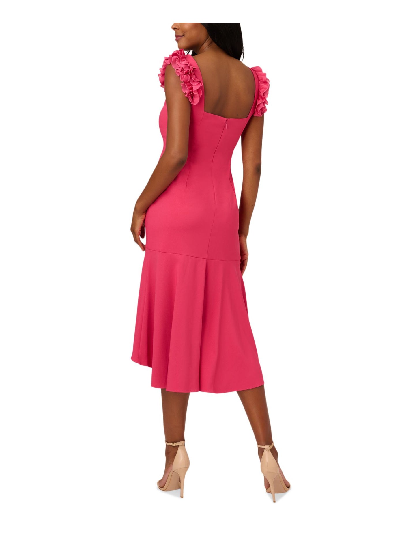 ADRIANNA PAPELL Womens Pink Ruffled Zippered Flounce Hem Lined Sleeveless Square Neck Midi Cocktail Hi-Lo Dress 16