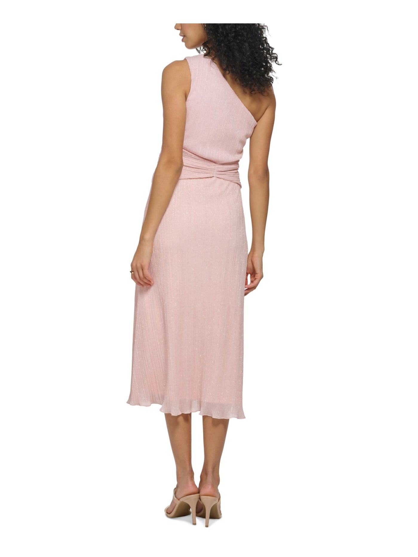 DKNY Womens Pink Gathered Twist Front Zippered Lined Sleeveless Asymmetrical Neckline Midi Evening Fit + Flare Dress 14