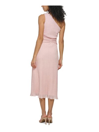 DKNY Womens Pink Gathered Twist Front Zippered Lined Sleeveless Asymmetrical Neckline Midi Evening Fit + Flare Dress 14