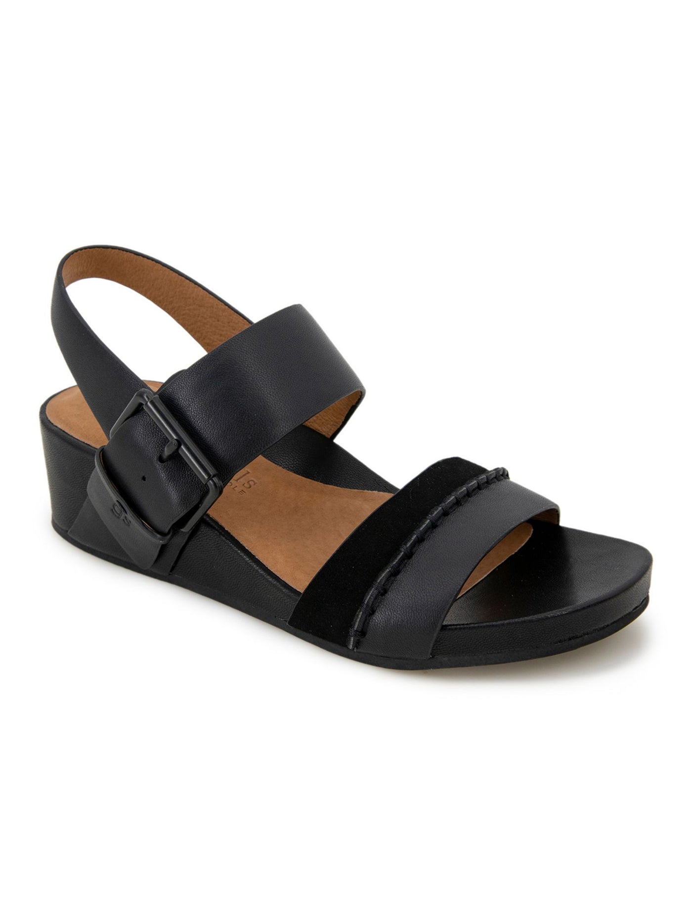 GENTLE SOULS KENNETH COLE Womens Black Cushioned Giulia Open Toe Wedge Buckle Leather Slingback Sandal 7.5