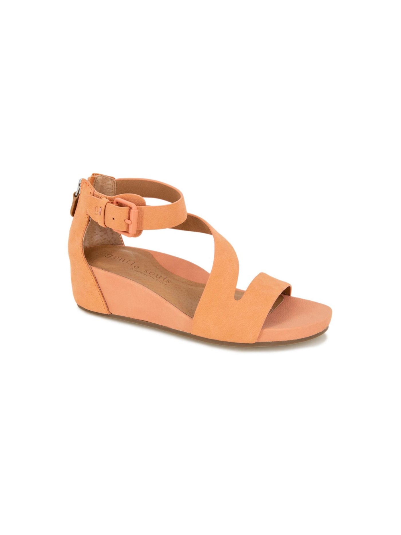 GENTLE SOULS KENNETH COLE Womens Orange Adjustable Ankle Strap Goring Asymmetrical Padded Gwen Round Toe Wedge Zip-Up Leather Sandals Shoes 9.5