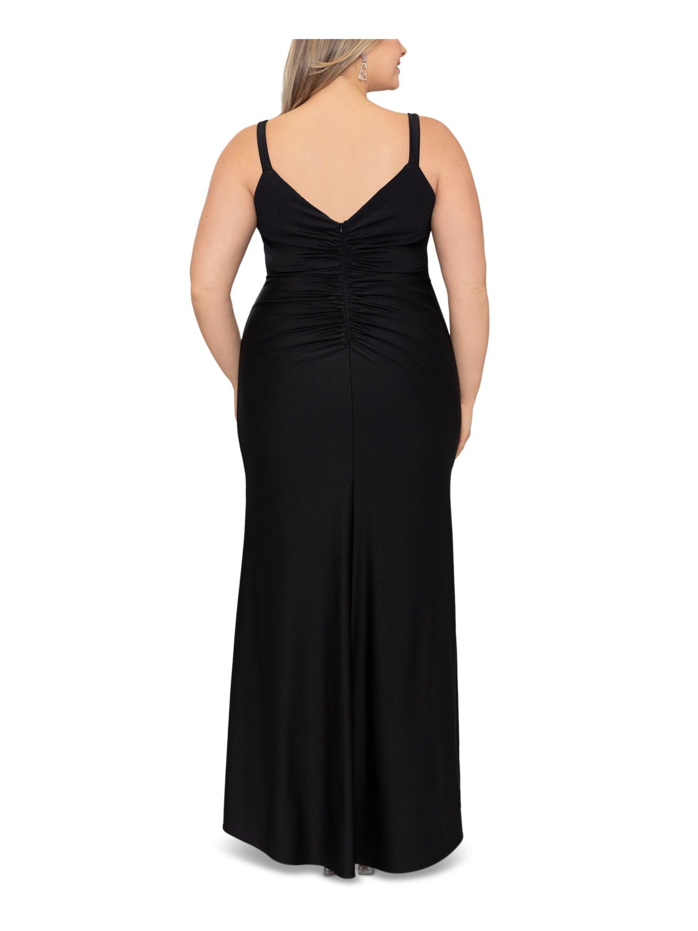 XSCAPE Womens Black Slitted Lined Zippered Sleeveless V Neck Maxi Cocktail Sheath Dress Plus 16W