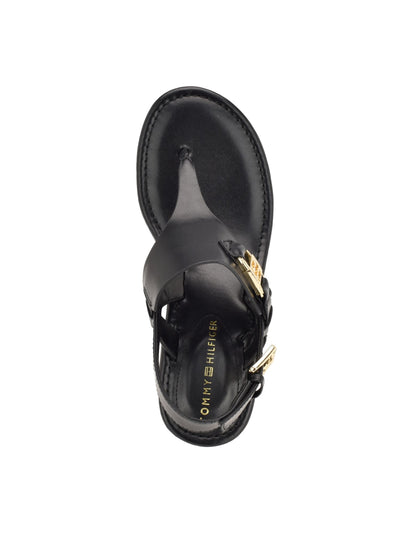 TOMMY HILFIGER Womens Black 1.5 Cork Gold Toned Hardware Padded Goring Vani Round Toe Wedge Buckle Heeled Thong Sandals 8.5 M