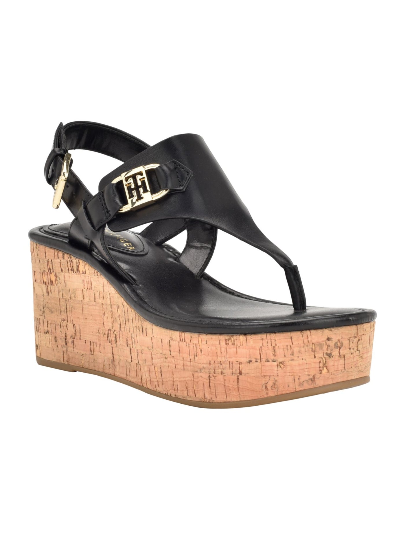 TOMMY HILFIGER Womens Black 1.5 Cork Gold Toned Hardware Padded Goring Vani Round Toe Wedge Buckle Heeled Thong Sandals 8.5 M