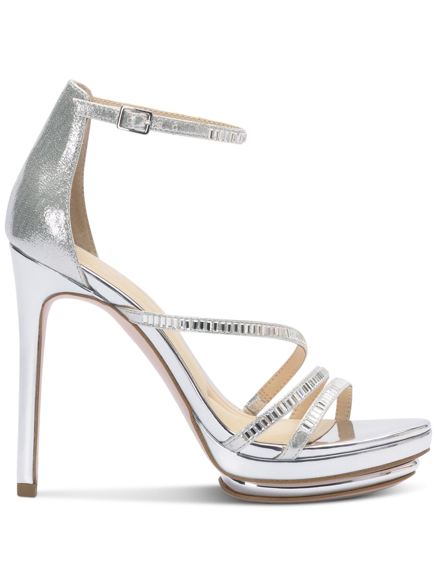 JESSICA SIMPSON Womens Silver Mixed Media 1" Platform Asymmetrical Cushioned Embellished Ankle Strap Embla Round Toe Stiletto Buckle Dress Heeled Sandal 10 M