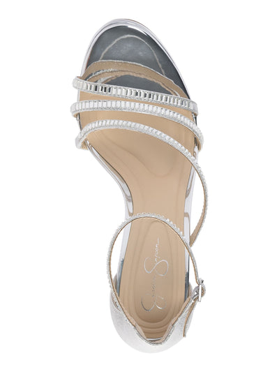 JESSICA SIMPSON Womens Silver Mixed Media 1" Platform Asymmetrical Cushioned Embellished Ankle Strap Embla Round Toe Stiletto Buckle Dress Heeled Sandal 8.5 M