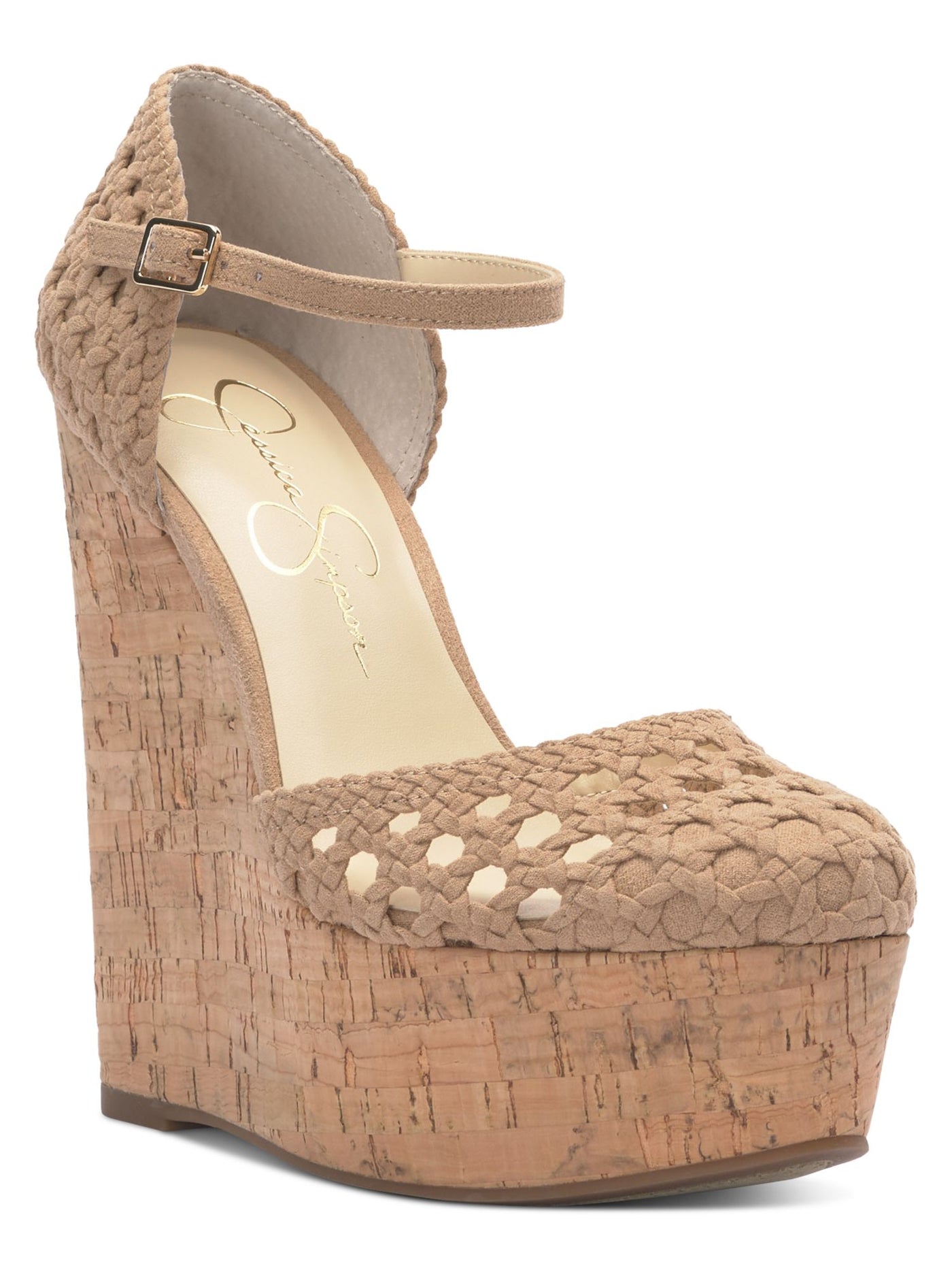 JESSICA SIMPSON Womens Beige 2 Cork-Like Wedge Woven Cut Out Marshela Round Toe Wedge Buckle Heeled Sandal 9.5 M