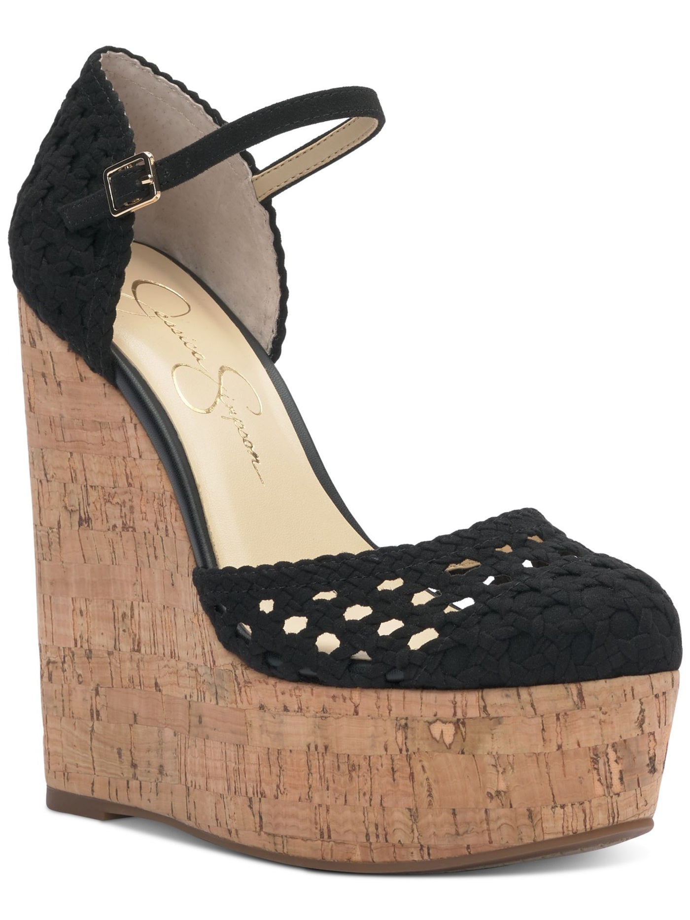 JESSICA SIMPSON Womens Black 2 Cork-Like Wedge Woven Cut Out Marshela Round Toe Wedge Buckle Dress Heeled Sandal 10 M