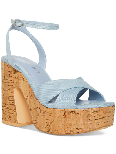 MADDEN GIRL Womens Light Blue 1-1/2" Cork-Like Platform Crisscross Straps Ankle Strap Padded Rio Round Toe Flare Buckle Heeled Sandal 9 M