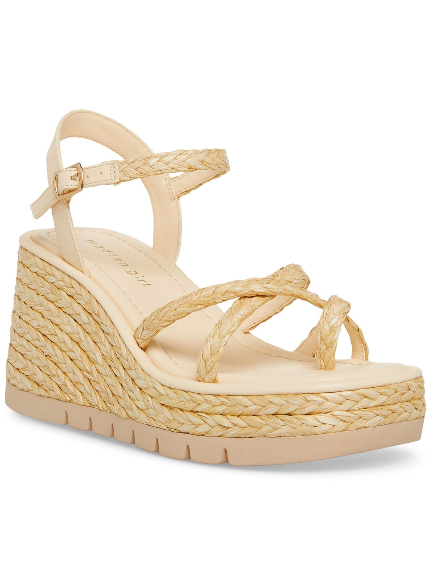MADDEN GIRL Womens Beige Mixed Media 1-1/2" Platform Crisscross Straps Padded Ankle Strap Lug Sole Vault Square Toe Wedge Buckle Espadrille Shoes 10 M
