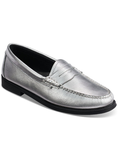 G.H. BASS Womens Silver Penny Keeper Arch Support Cushioned Whitney Easy Round Toe Block Heel Slip On Leather Loafers Shoes 9.5 M