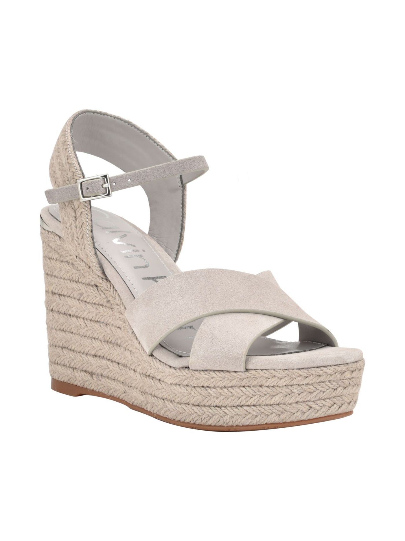 CALVIN KLEIN Womens Gray 1" Platform Padded Strappy Elory Almond Toe Wedge Buckle Leather Espadrille Shoes 10 M