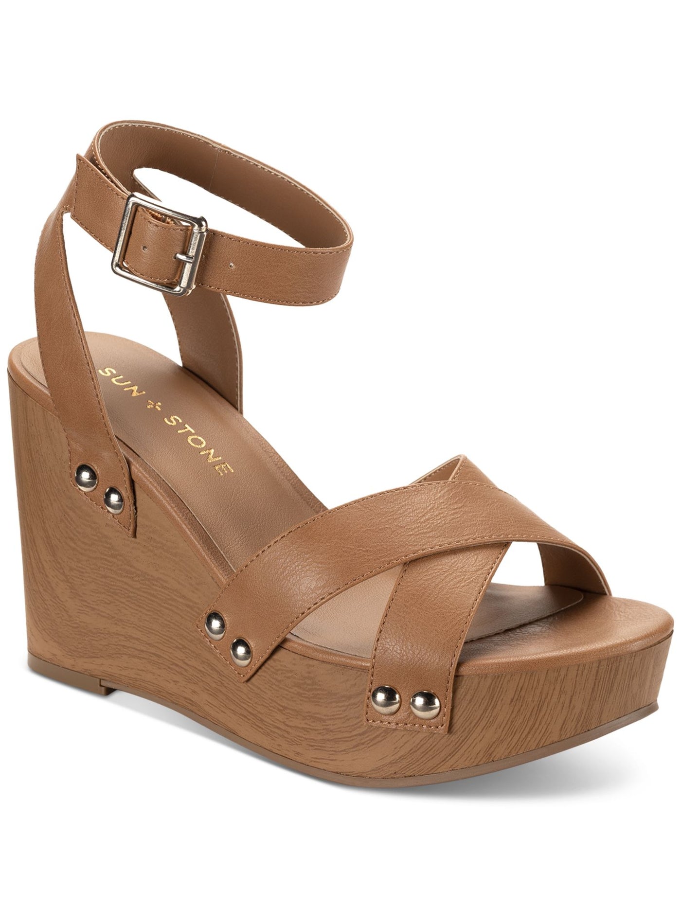SUN STONE Womens Brown 1-1/2" Platform Padded Ankle Strap Studded Tiaraa Round Toe Wedge Buckle Heeled Sandal 8 M