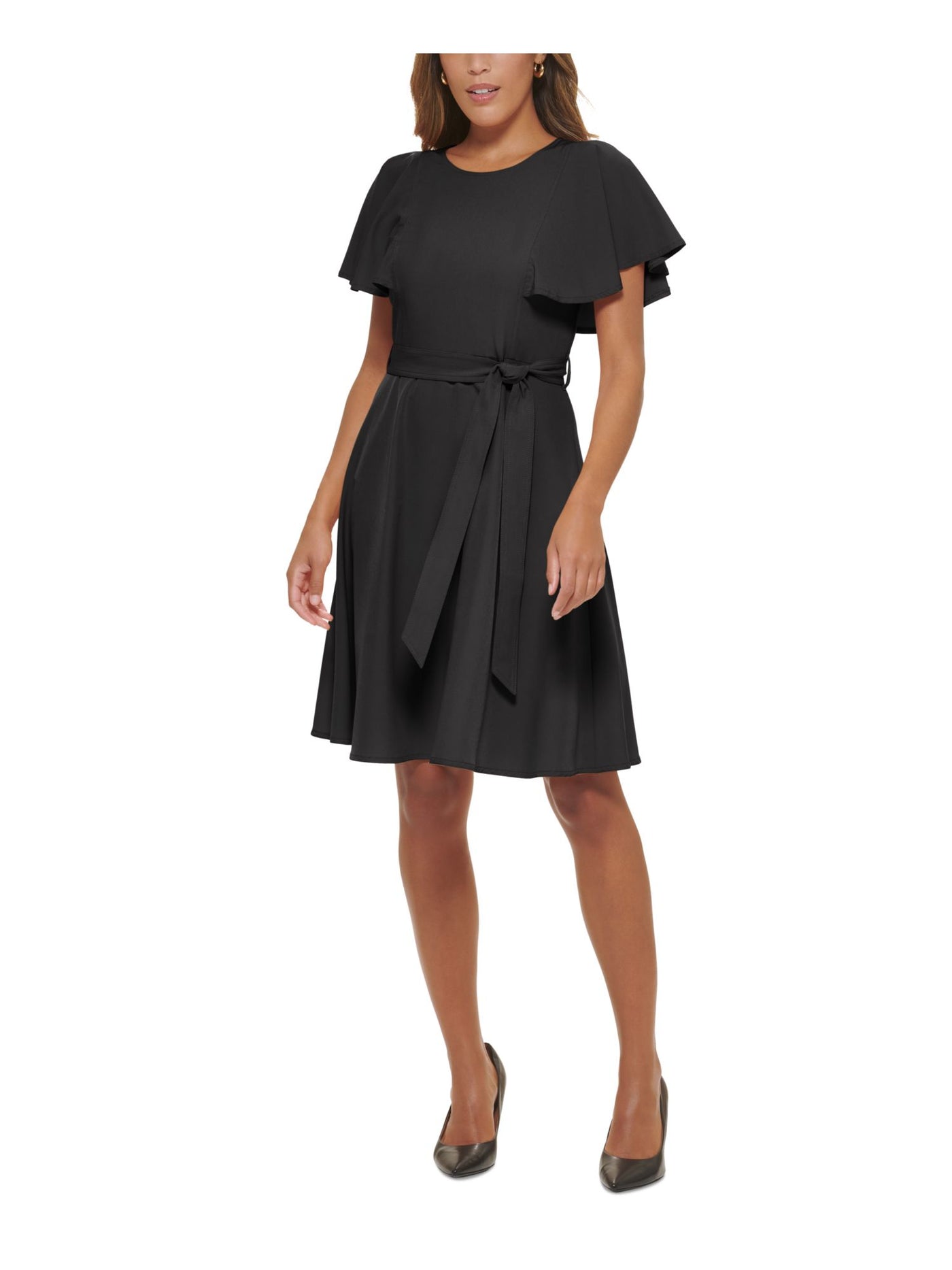 CALVIN KLEIN Womens Black Zippered Pocketed Tie Waist Unlined Flutter Sleeve Boat Neck Knee Length Party Fit + Flare Dress 10