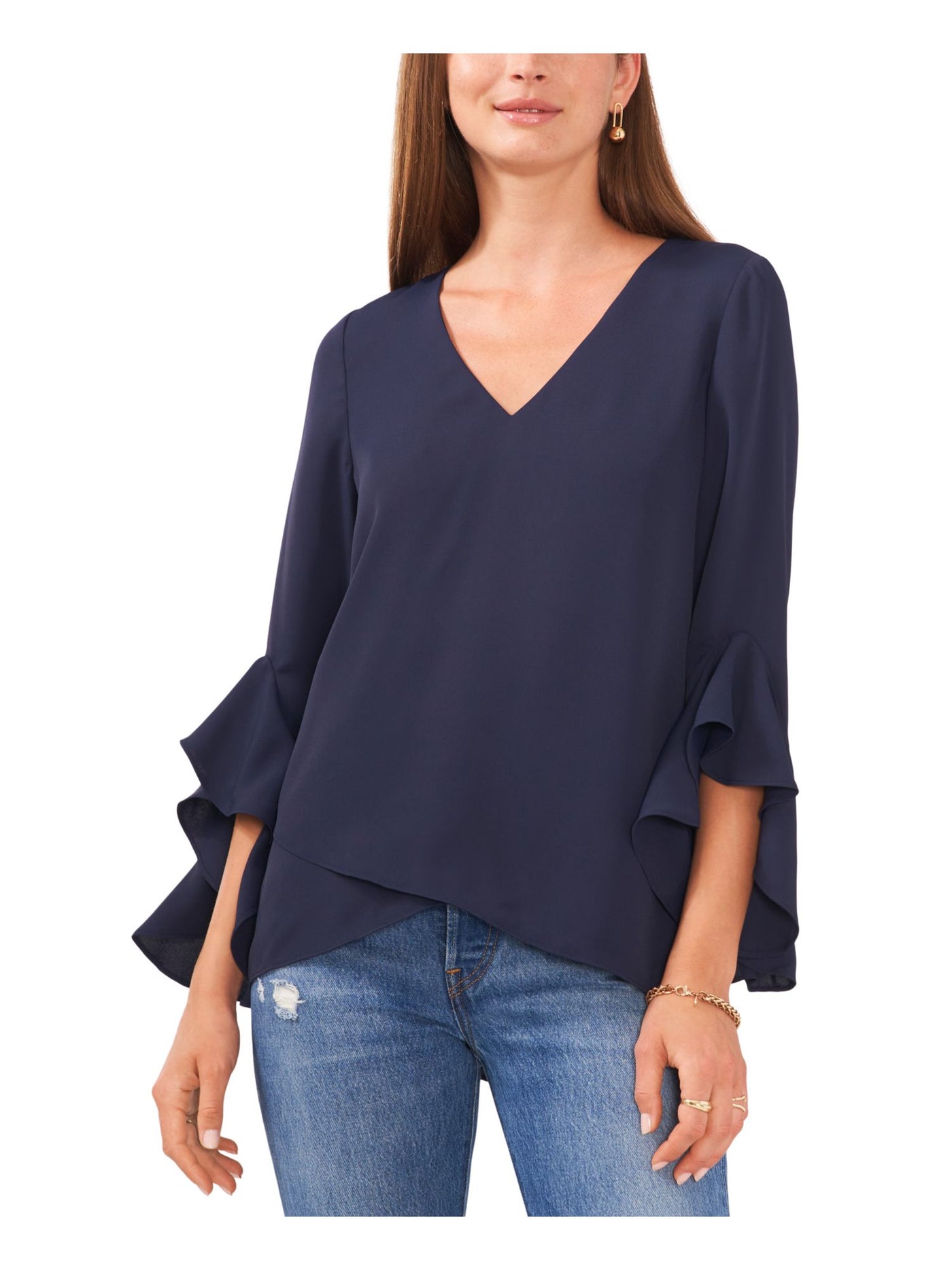 VINCE CAMUTO Womens Navy Ruffled Unlined Sheer Asymmetrical Step Hem Flutter Sleeve V Neck Wear To Work Tunic Top XXS