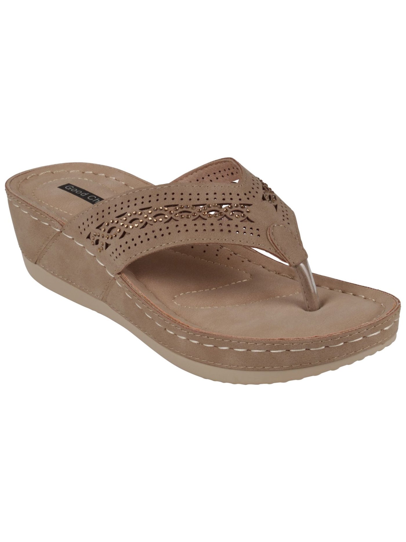GOOD CHOICE Womens Beige Arch Support Cushioned Embellished Cut Out Bari Open Toe Wedge Slip On Thong Sandals Shoes 8.5