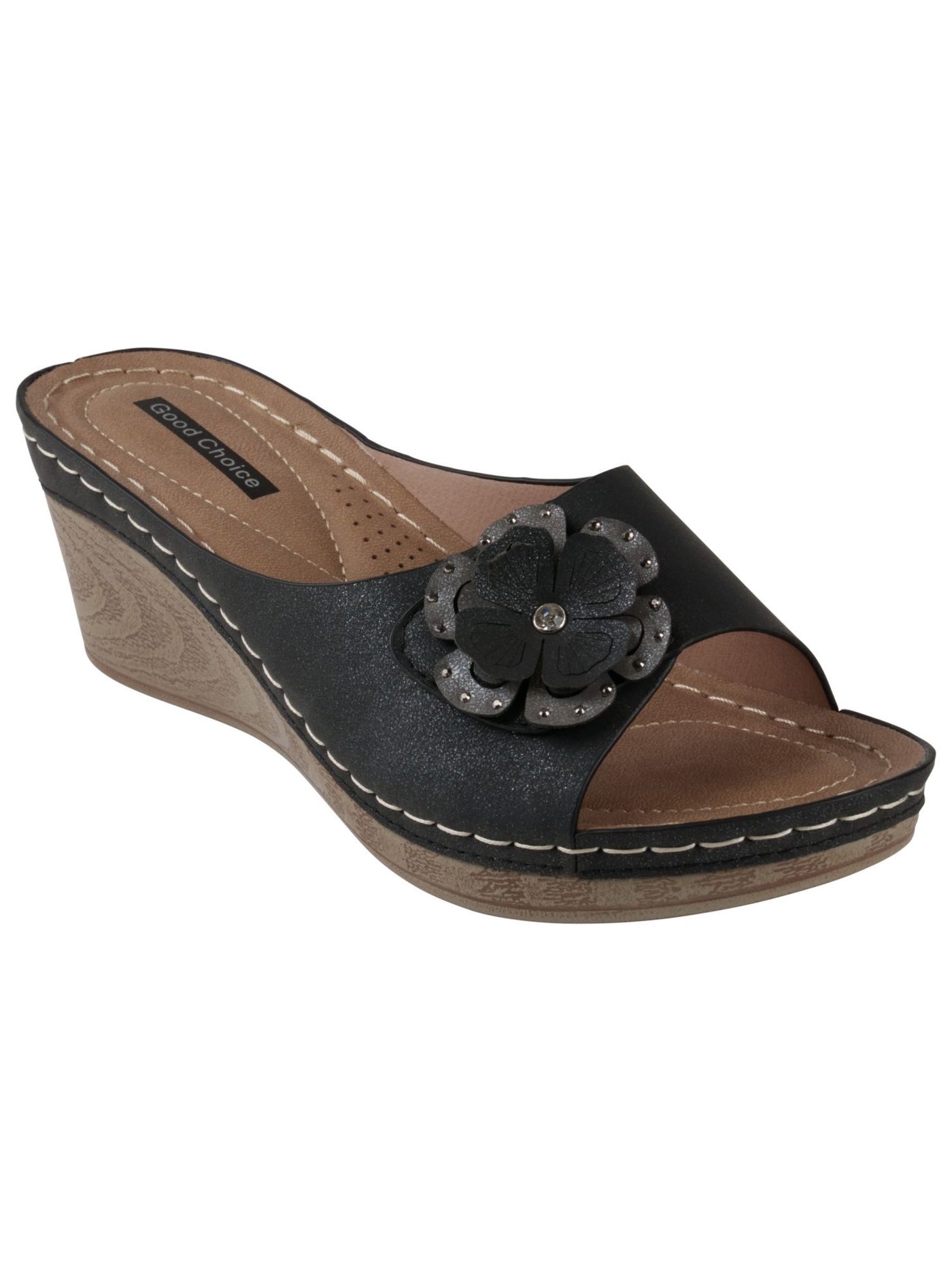 GOOD CHOICE Womens Black Flower Accent Slip Resistant Cushioned Glitter Naples Flower Round Toe Wedge Slip On Dress Heeled Sandal 6