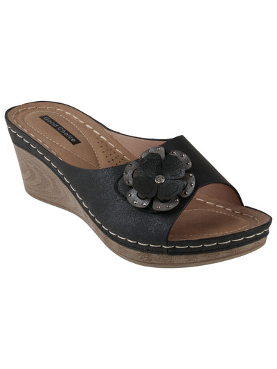 GOOD CHOICE Womens Black Flower Accent Slip Resistant Cushioned Glitter Naples Flower Round Toe Wedge Slip On Dress Heeled Sandal 6