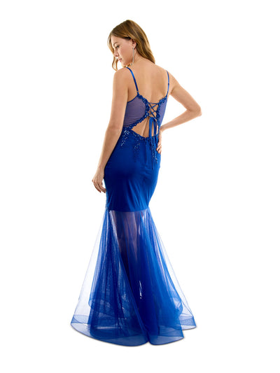 SAY YES TO THE PROM Womens Blue Zippered Lined Lace-up Back Mesh Flare Hem Sleeveless V Neck Full-Length Prom Gown Dress Juniors 13\14