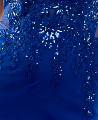 B DARLIN Womens Blue Zippered Lined Lace-up Back Mesh Flare Hem Sleeveless V Neck Full-Length Prom Gown Dress