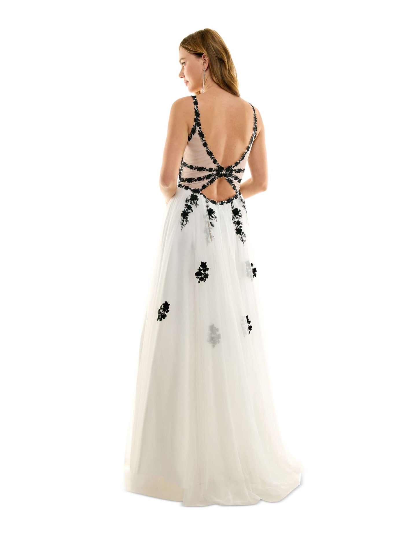 SAY YES TO THE PROM Womens White Embellished Zippered Cutout Tulle Mesh Sheer Lined Floral Spaghetti Strap V Neck Full-Length Formal Gown Dress Juniors 5\6